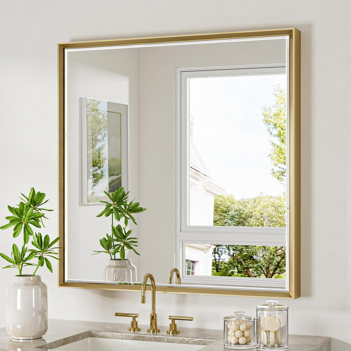 Brushed Nickel Bathroom Mirror, 24x32 Inch Beveled Framed Bathroom Mirror Anti-Rust, Brushed Nickel Metal Frame Bathroom Vanity Mirror for Wall, Vertical/Horizontal Wall-Mounted Mirrors
