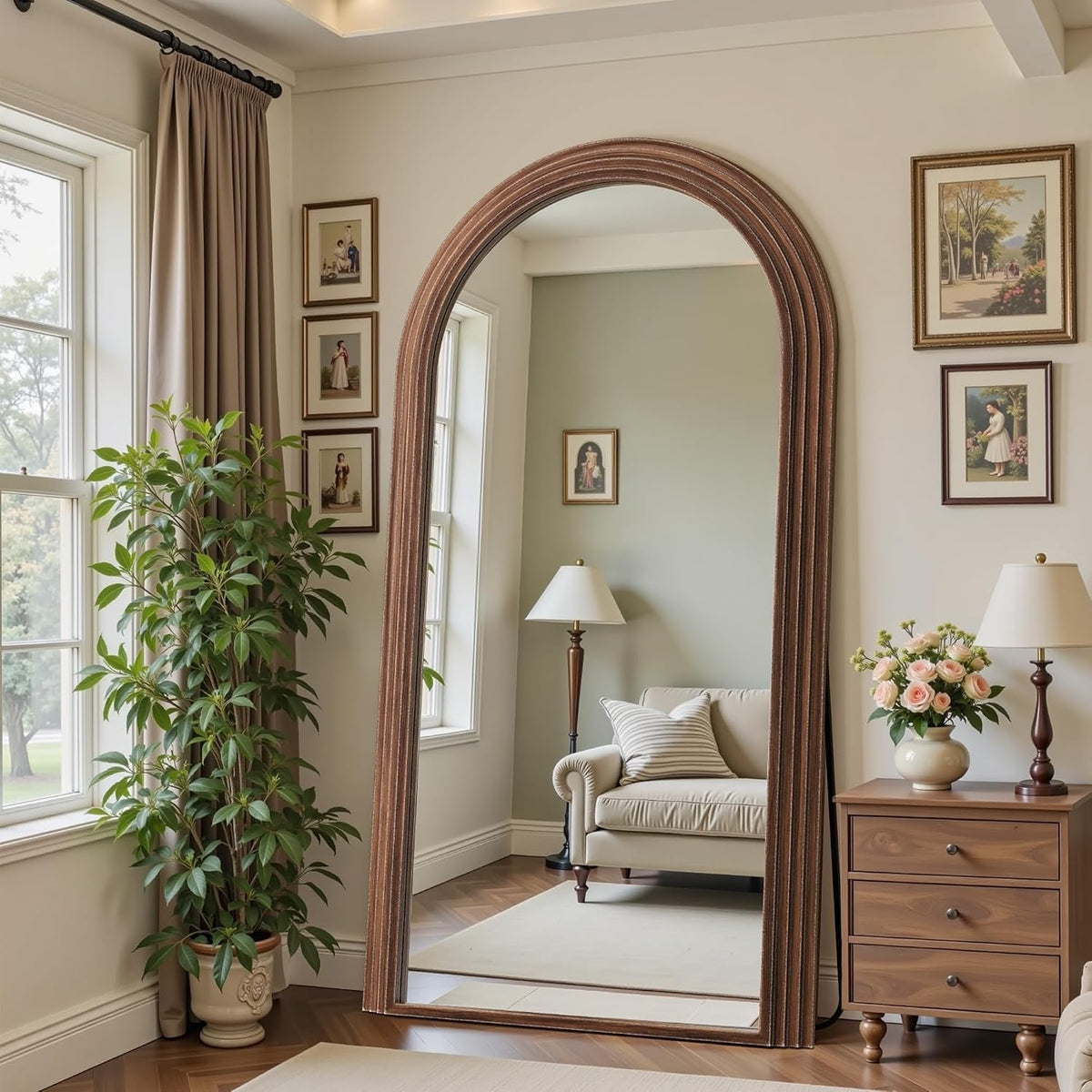 Antok Full Length Mirror 76"×41" Floor Mirror Standing Tall Mirror, Arched Stand up Large Wall Mirrors, Freestanding Full Body Mirrors for Bedroom Living Room Wood Vintage Style Nature
