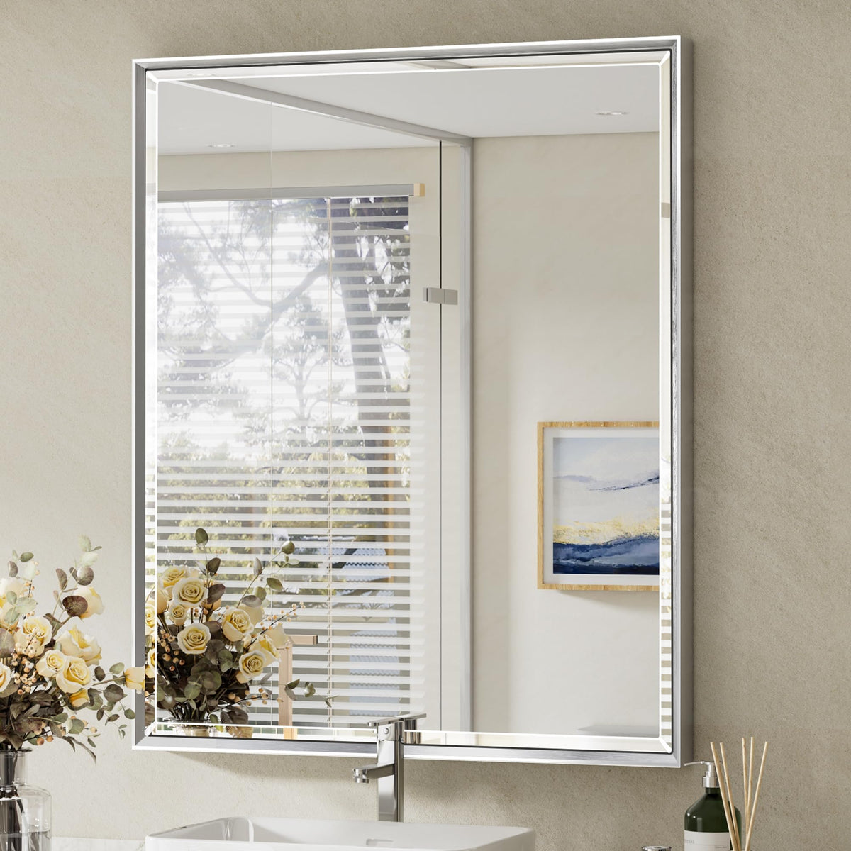 Brushed Nickel Bathroom Mirror, 24x32 Inch Beveled Framed Bathroom Mirror Anti-Rust, Brushed Nickel Metal Frame Bathroom Vanity Mirror for Wall, Vertical/Horizontal Wall-Mounted Mirrors