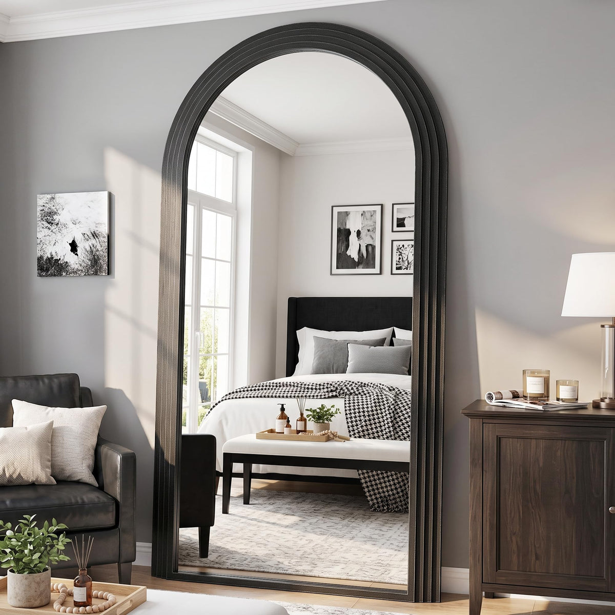 82"x44" Arched Full Length Mirror with Wide Wood Frame,Natural Wood