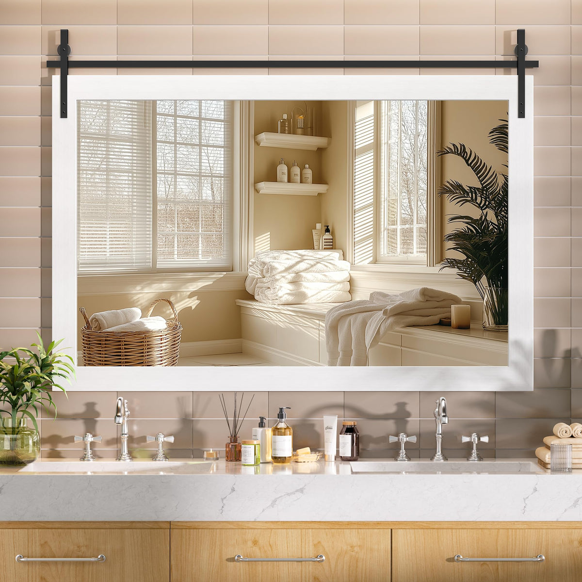 Hasipu Farmhouse Bathroom Mirror, 40"x26" Rustic Wood Framed Wall Mounted Mirror, Black Vintage Vanity Mirror Barn Door Style Decrative Mirrors