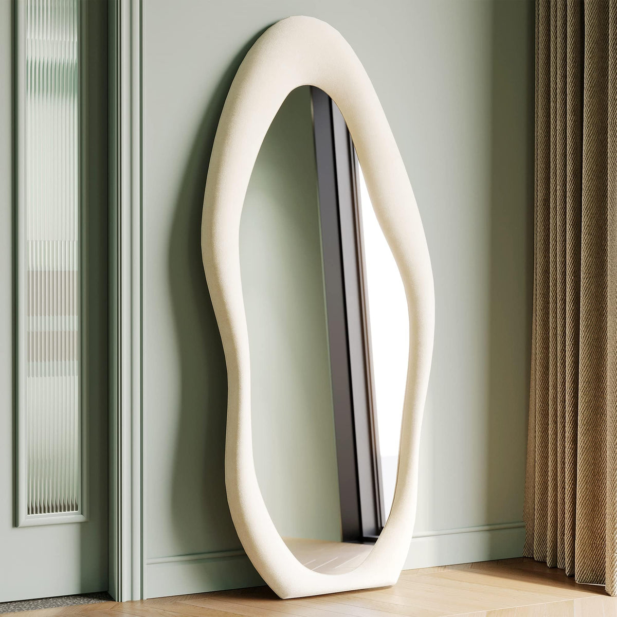 Honyee 55" x 24" Wavy Mirror, Flannel Wrapped Wooden Frame, Irregular Hanging for Cloakroom/Bedroom/Living Room, Green