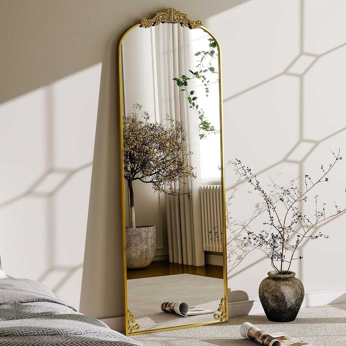 GLSLAND Arched Full Length Mirror,64"x21" Vintage Carved Floor Mirror Gold