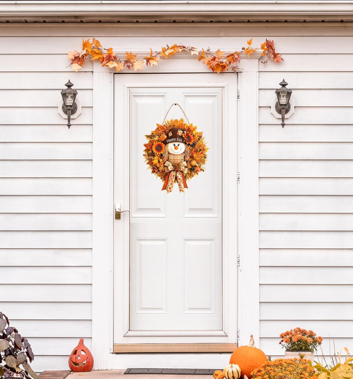 Fall Decorations for Home Wooden Fall Decor Scarecrow Door Wreath for Front Door Farmhouse Scarecrow Maple Leaf Welcome Sign Door Hanger for Autumn Harvest Thanksgiving Outdoor Indoor Wall Home Decor