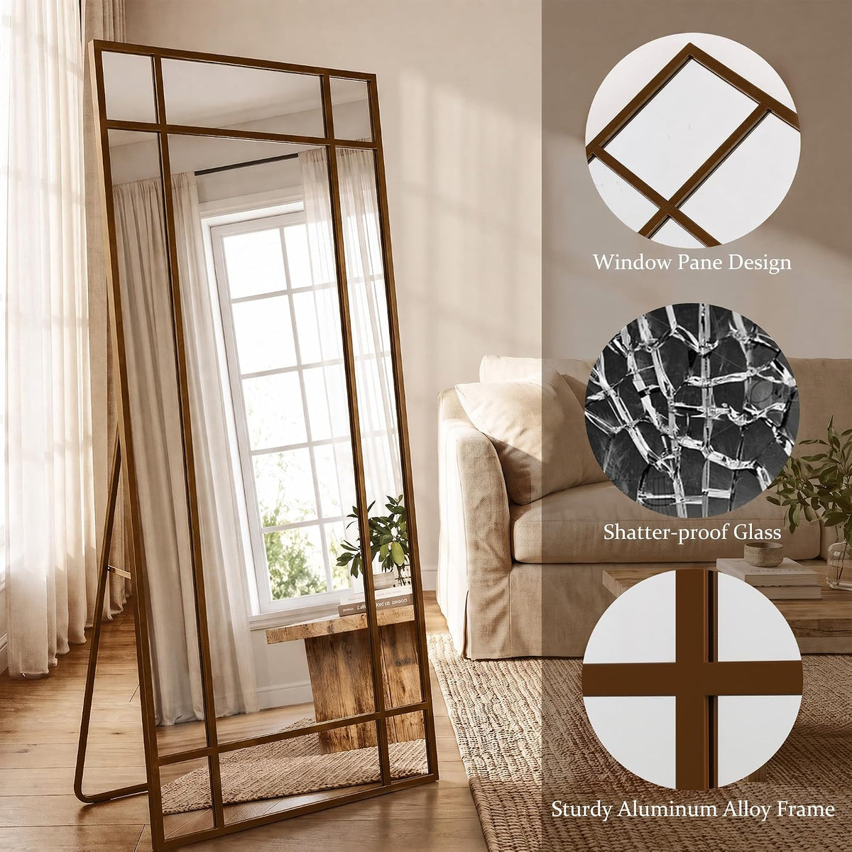 HARRITPURE Windowpane Full Length Mirror, 71"x30" Floor Mirror, Bronze