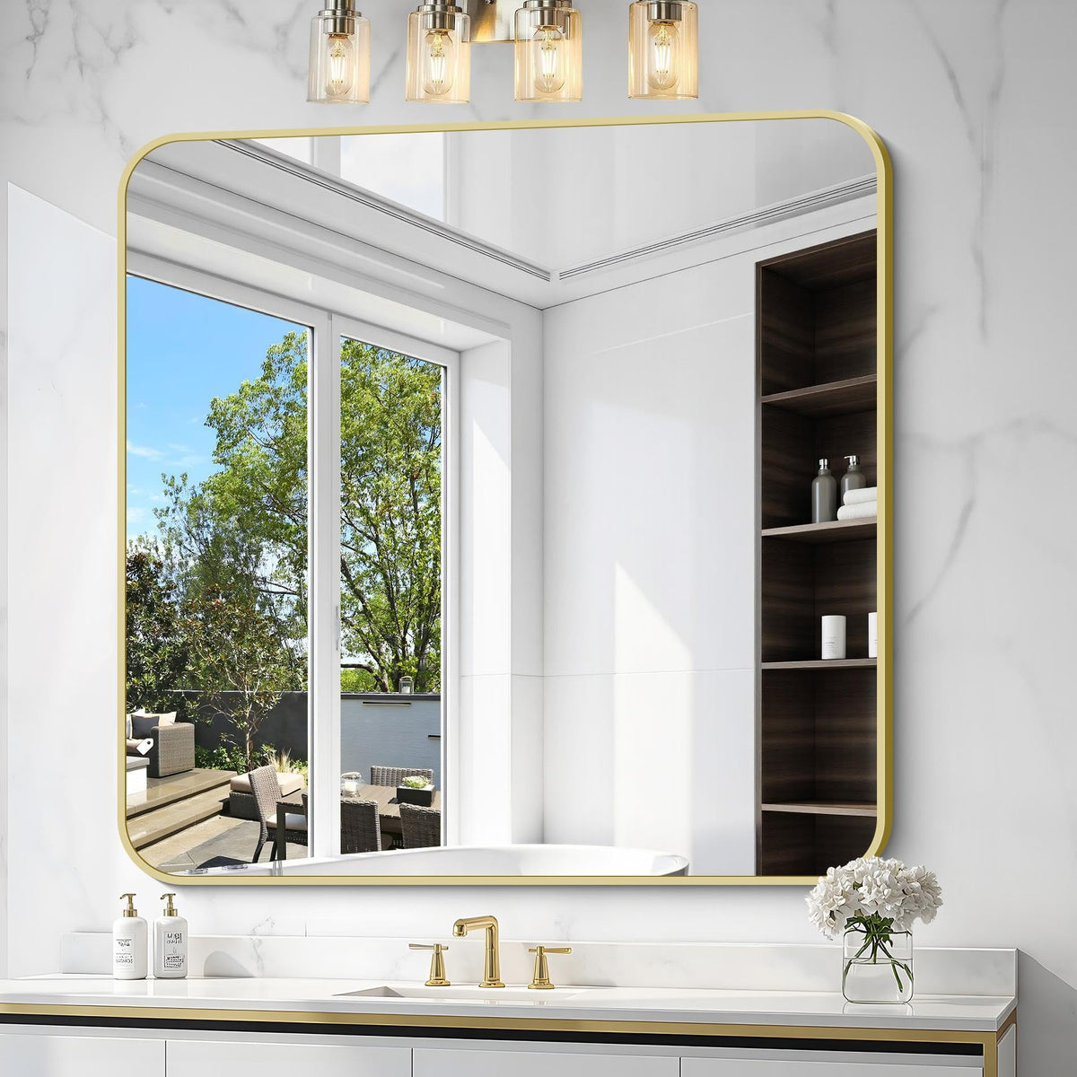 Black Bathroom Mirror, 28x42 inch Aluminum Metal Frame Rectangular Vanity Mirror, Wall Mounted Rectangle Mirrors with Rounded Corner for Bedroom Living Room Hangs Horizontal Or Vertical