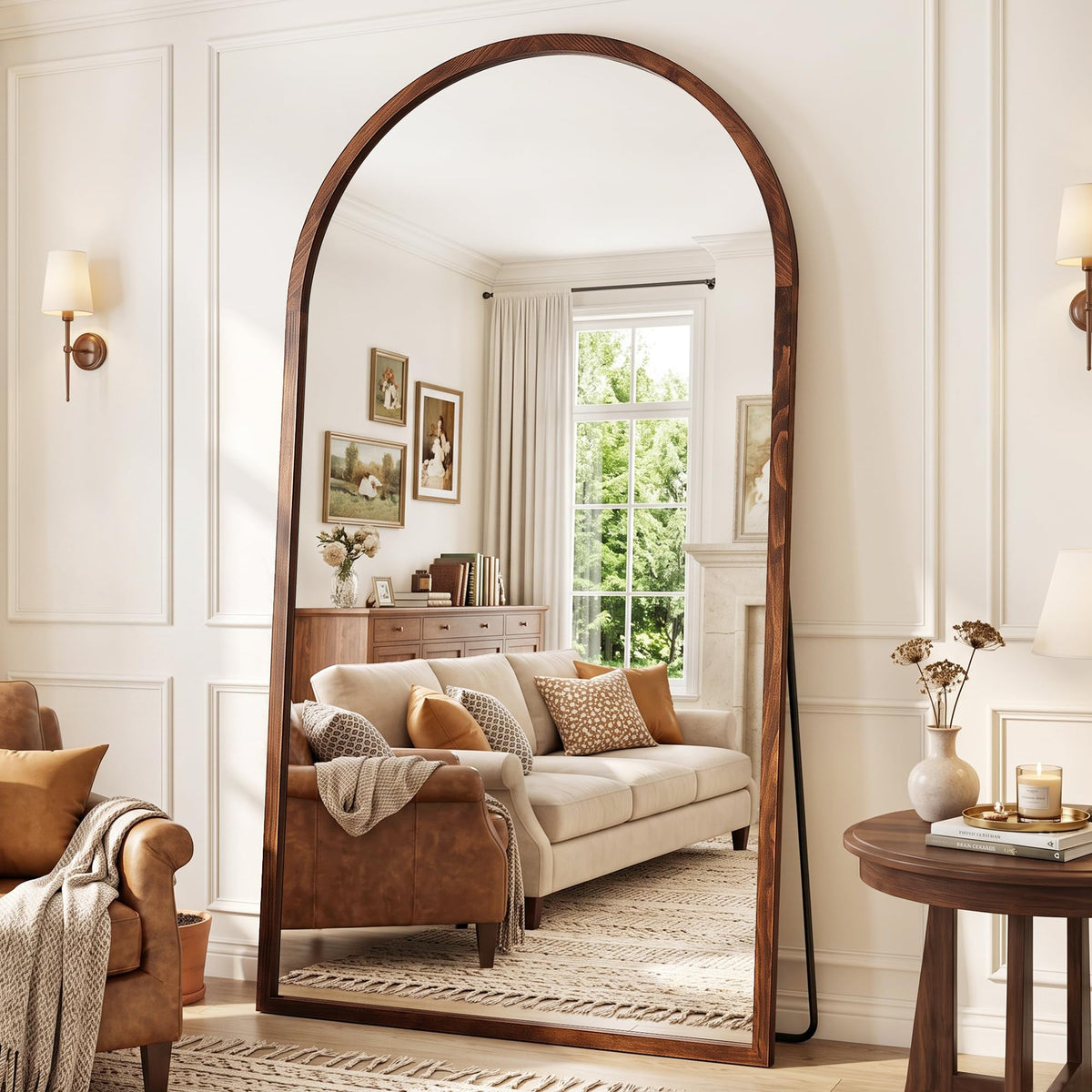 82"x44" Arched Full Length Mirror with Wide Wood Frame,Natural Wood