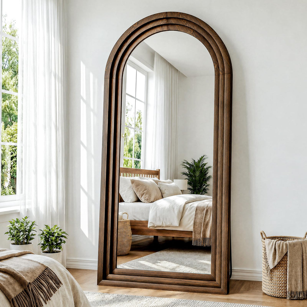 24"x65" Full Length Mirror Solid Wood Frame, Arched Floor Mirror Full Length with Stand, Room Decor Big Full Body Mirror with HD Tempered Glass for Bedroom, Living Room, Walnut Wood
