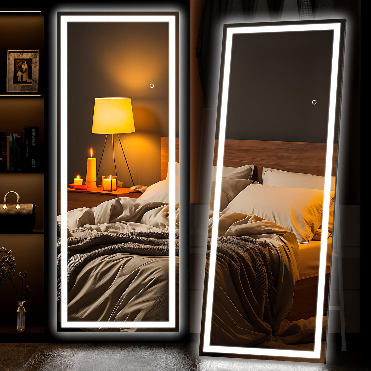 Hasipu Full Length Mirror with Lights, 67" x 20" LED Lighted Floor Standing, Full Body Dressing Hanging Mounted Mirror, Tempered Glass, Square White