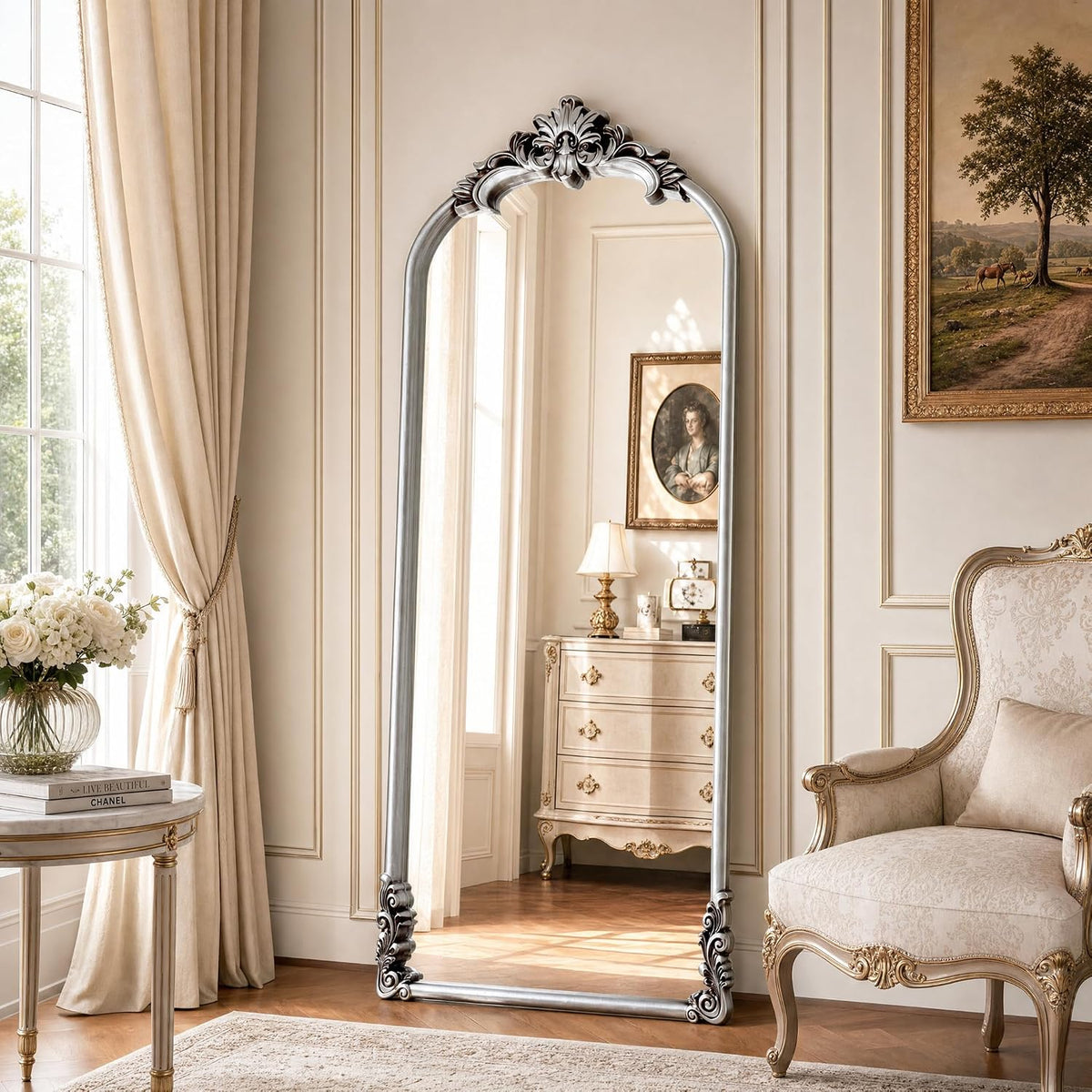 Vintage Arched Floor Mirror 28"x 69" with Stand Matte Silver