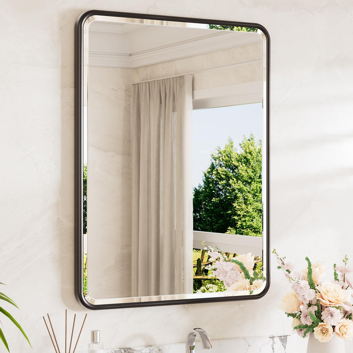 TETOTE Brushed Nickel Mirror 20 x 30 Beveled Edge Tempered Glass, Rounded Corner Rectangle Bathroom Mirror for Over Sink for Modern Bathroom, Living Room, Bedroom, Entryway