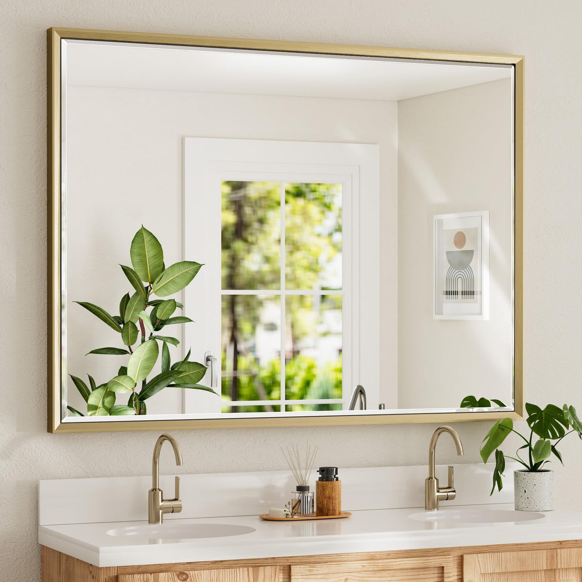 Brushed Nickel Bathroom Mirror, 24x32 Inch Beveled Framed Bathroom Mirror Anti-Rust, Brushed Nickel Metal Frame Bathroom Vanity Mirror for Wall, Vertical/Horizontal Wall-Mounted Mirrors