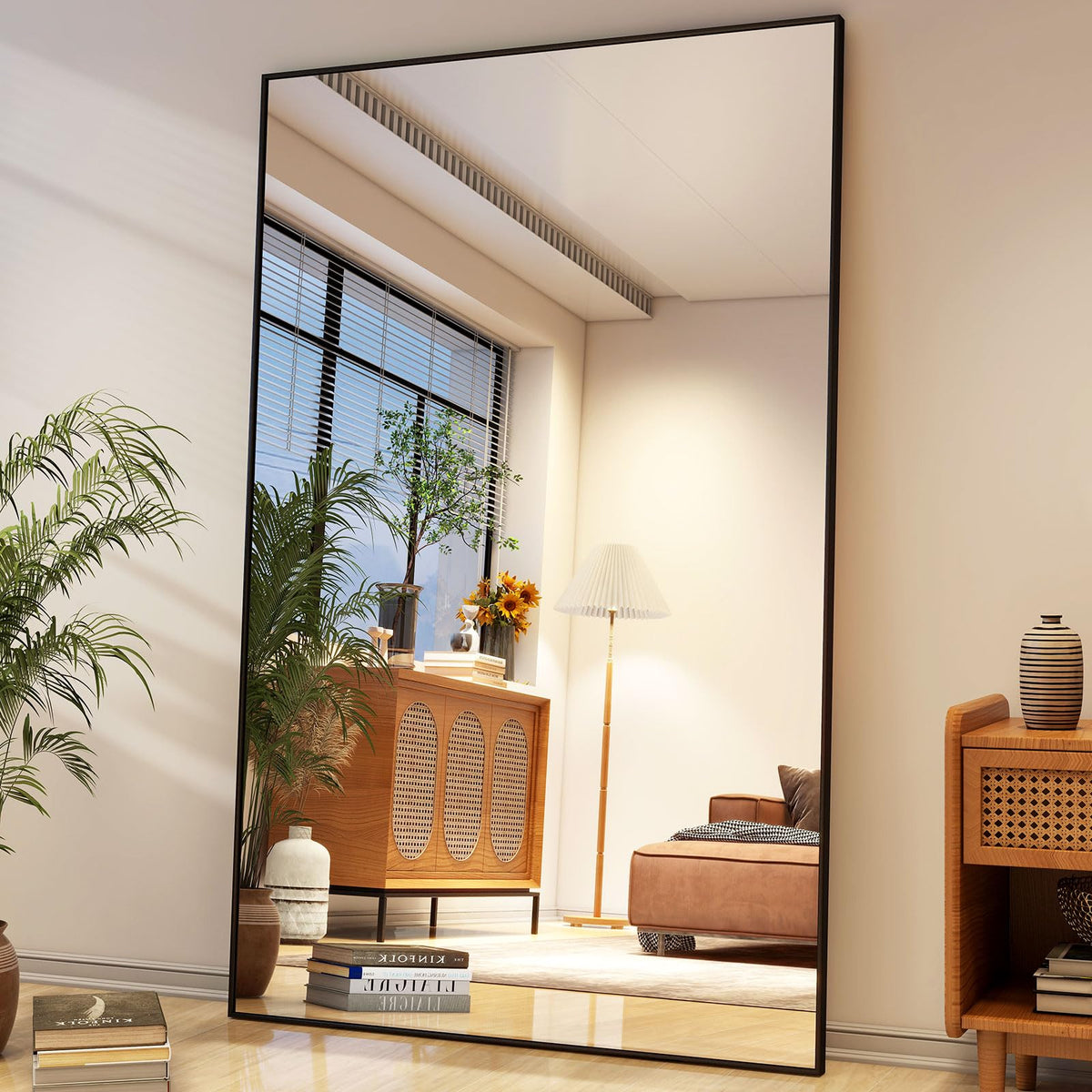 Easly 34"x76" Full Length Mirror with Stand, Large Rectangular Floor Mirror for Bedroom, Living Room or Closet, Wall-Mounted or Freestanding, Black Aluminum Alloy Frame