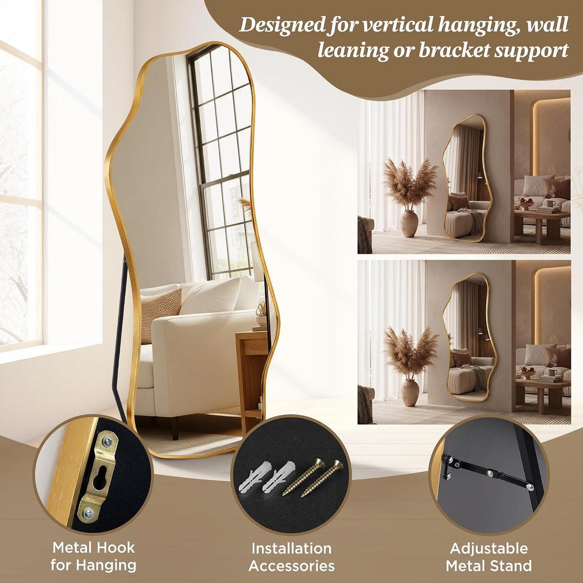 Dorlicecass Irregular Full Length with Stand-Standing Leaning Hanging 62.2"x22.8" Gold Asymmetrical Aluminum Frame Decorative Full Body Mirror for Living Room,Bedroom,Cloakroom,Entryway