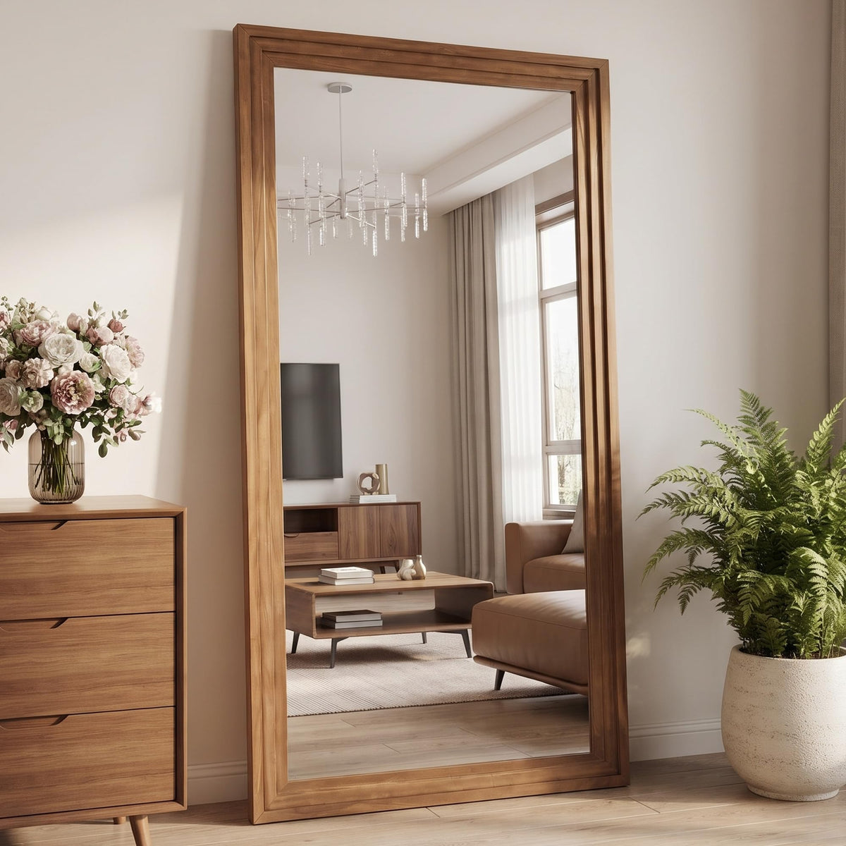 71"x32" Full Length Mirror, Large Wood Floor Mirror, Brown