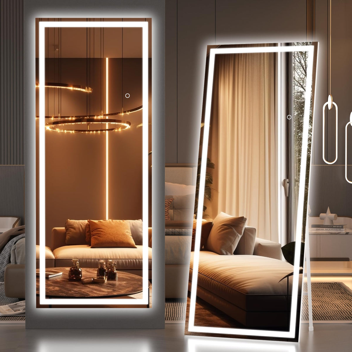 Hasipu Full Length Mirror with Lights, 67" x 20" LED Lighted Floor Standing, Full Body Dressing Hanging Mounted Mirror, Tempered Glass, Square White