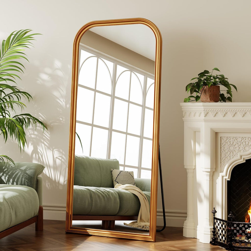28"×69" Rounded Top Large Full Length Mirror, Arched Vintage Floor Stangding Body Mirror - PU Frame, Wall Mounted Hanging Leaning Antique Decor for Dressing Room, Entryway, Bedroom, Gold