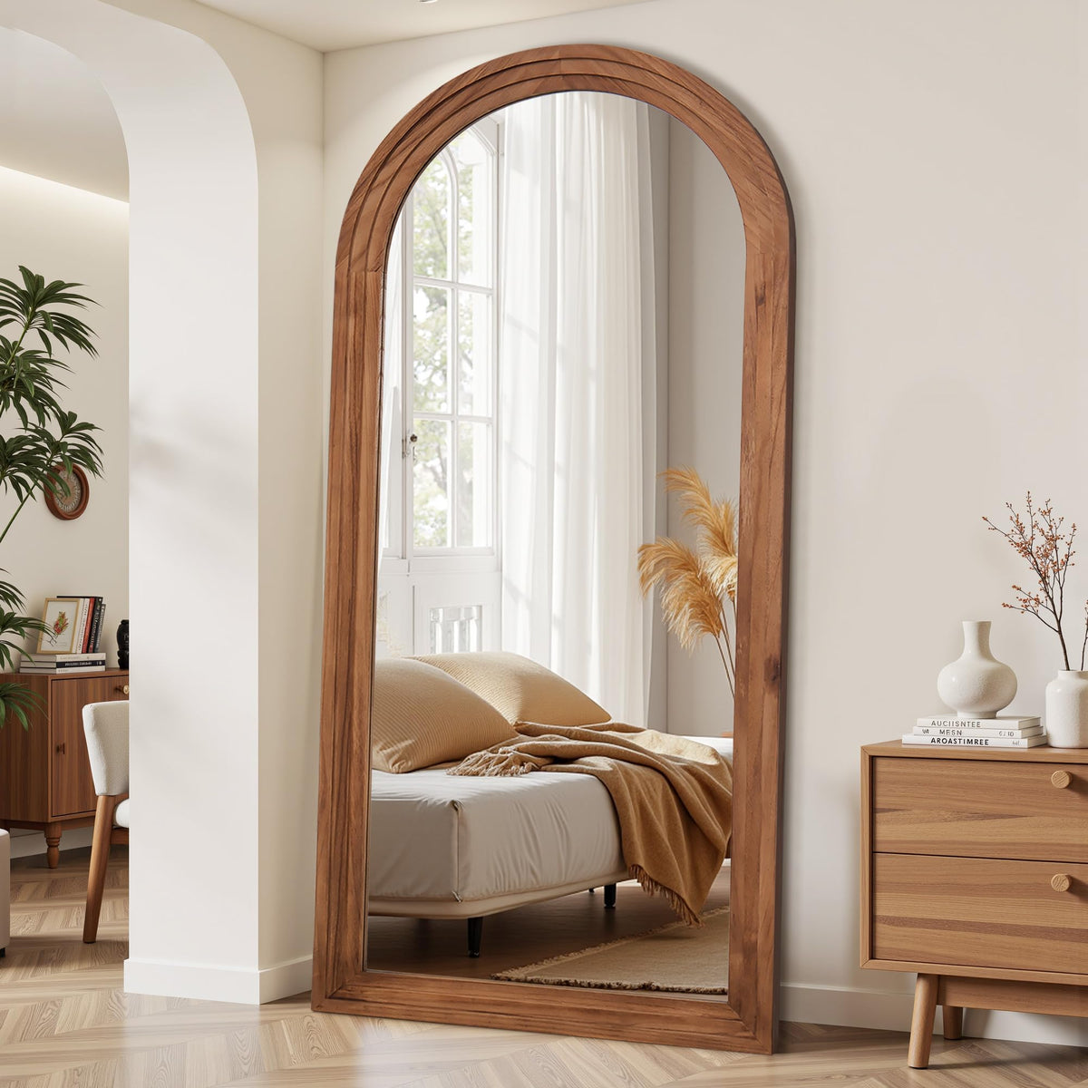 Antok Full Length Mirror with Solid Wood Frame, 71"×32" Wall Mounted Oversized Floor Mirror with Stand, Leaning Standing Hanging for Bedroom Living Room Entryway, Walnut, Arched Syle