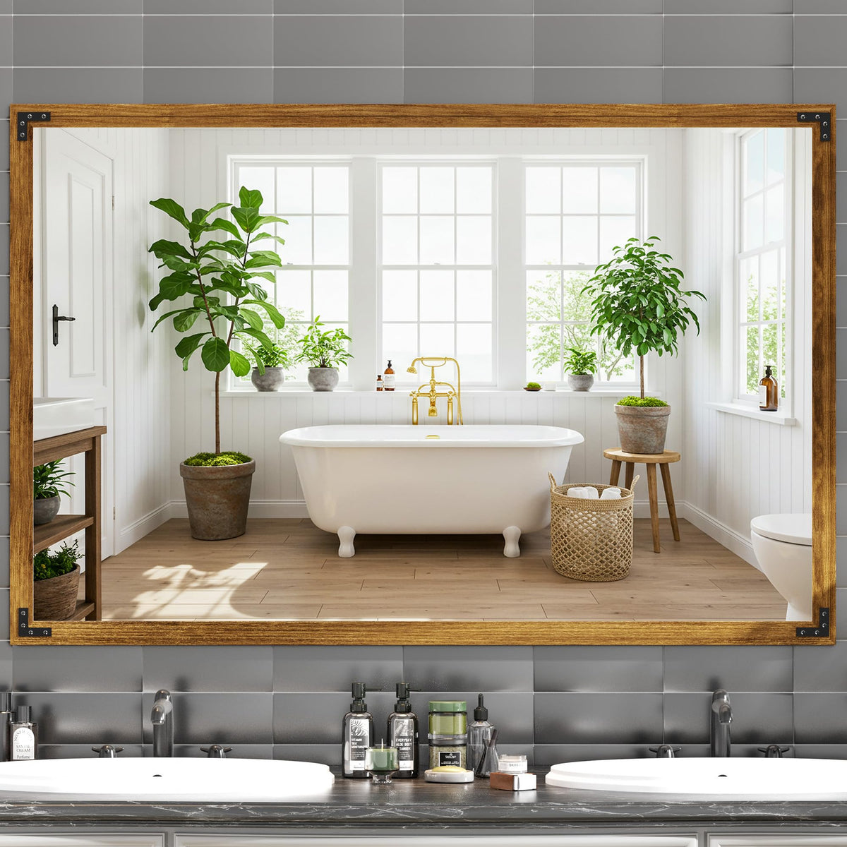 Hasipu Farmhouse Bathroom Mirror, 40"x26" Rustic Wood Framed Wall Mounted Mirror, Black Vintage Vanity Mirror Barn Door Style Decrative Mirrors