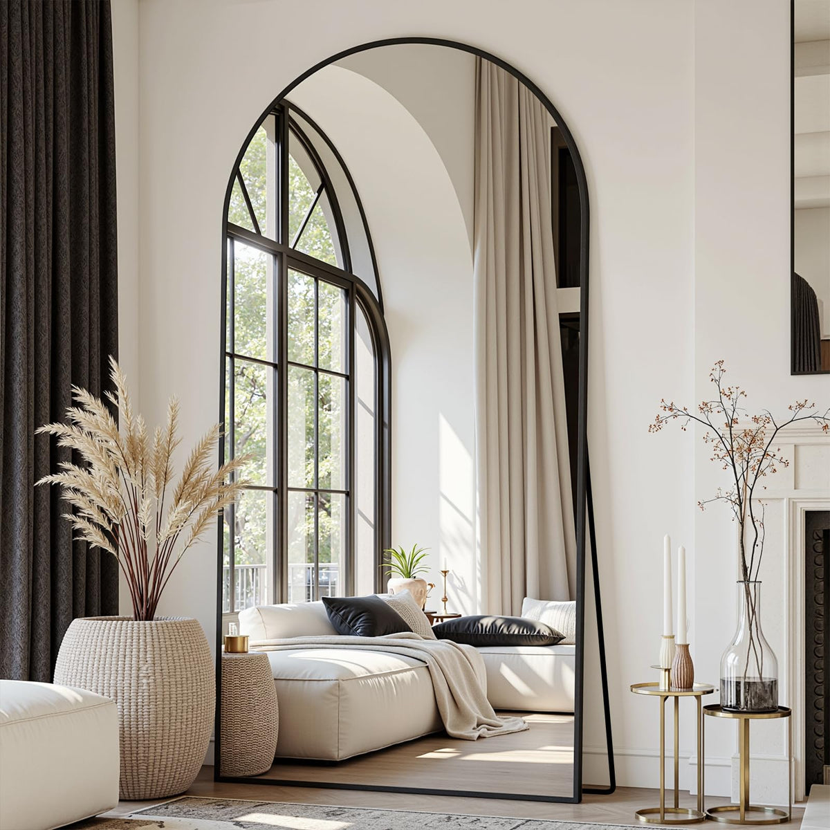 Suidia 71"x28" Arched Full Length Mirror with Stand, Black Floor Mirror