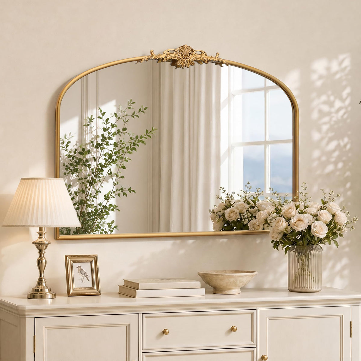 Besdomus Vintage Arched Gold Mirror: 40"x29" Large Brass Antique Decorative
