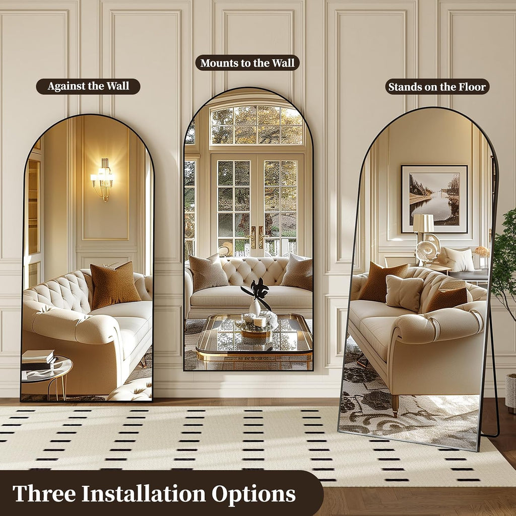 Krymnar 57"x21" Arched Full Length Mirror, Brushed Black Aluminum Frame Floor Mirror with Stand, HD Shatterproof Glass & Rust-Proof Body Mirror for Bedroom, Living Room, Bathroom, Entryway