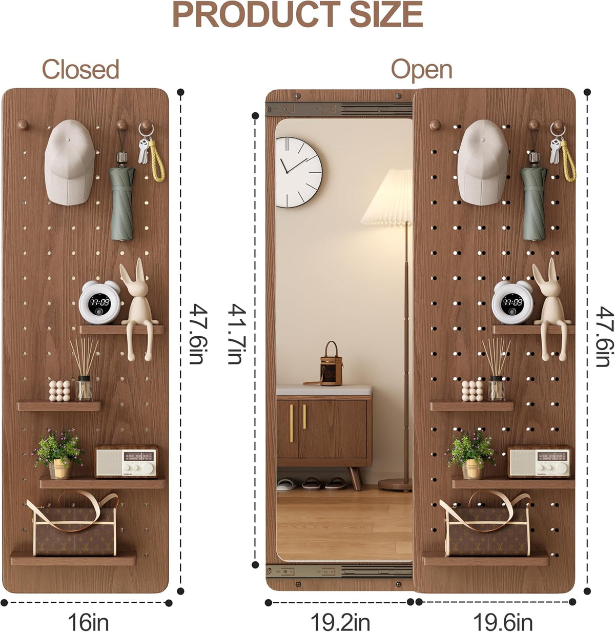 KungFuWood Full Length Mirror with Shelf and Hooks,Entry Way Mirrors for Wall,Wall Mirror with Shelf,Wall Mirror with Storage Multifunctional Design Panel,Living Room (Walnut, 52.4" L x 19" W)