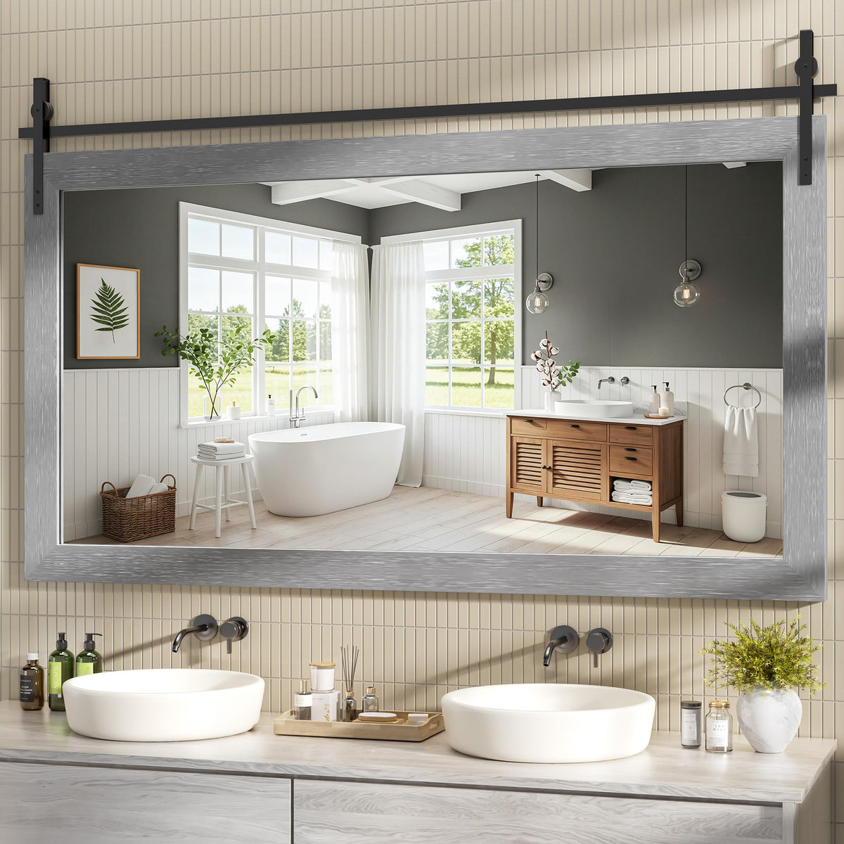 Hasipu Farmhouse Bathroom Mirror, 40"x26" Rustic Wood Framed Wall Mounted Mirror, Black Vintage Vanity Mirror Barn Door Style Decrative Mirrors