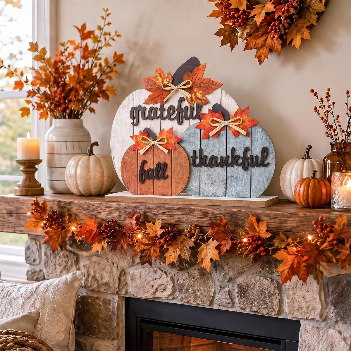 OLANRUN Fall Decor, Thanksgiving Fall Decorations for Home, 3Pcs Wooden Autumn Pumpkin Decor Sign, Farmhouse Thanksgiving Table Decorations Indoor for Office Living Room Bedroom Mantel Kitchen