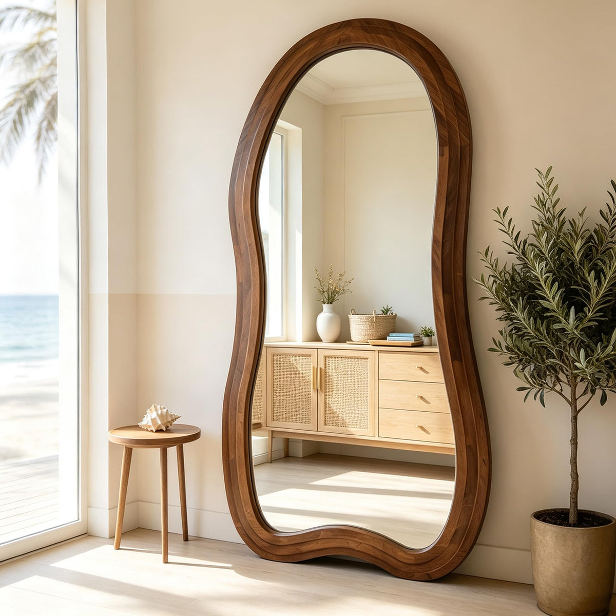 71"x33.5" Wavy Full Length Mirror with 3-Layer Solid Wood Frame