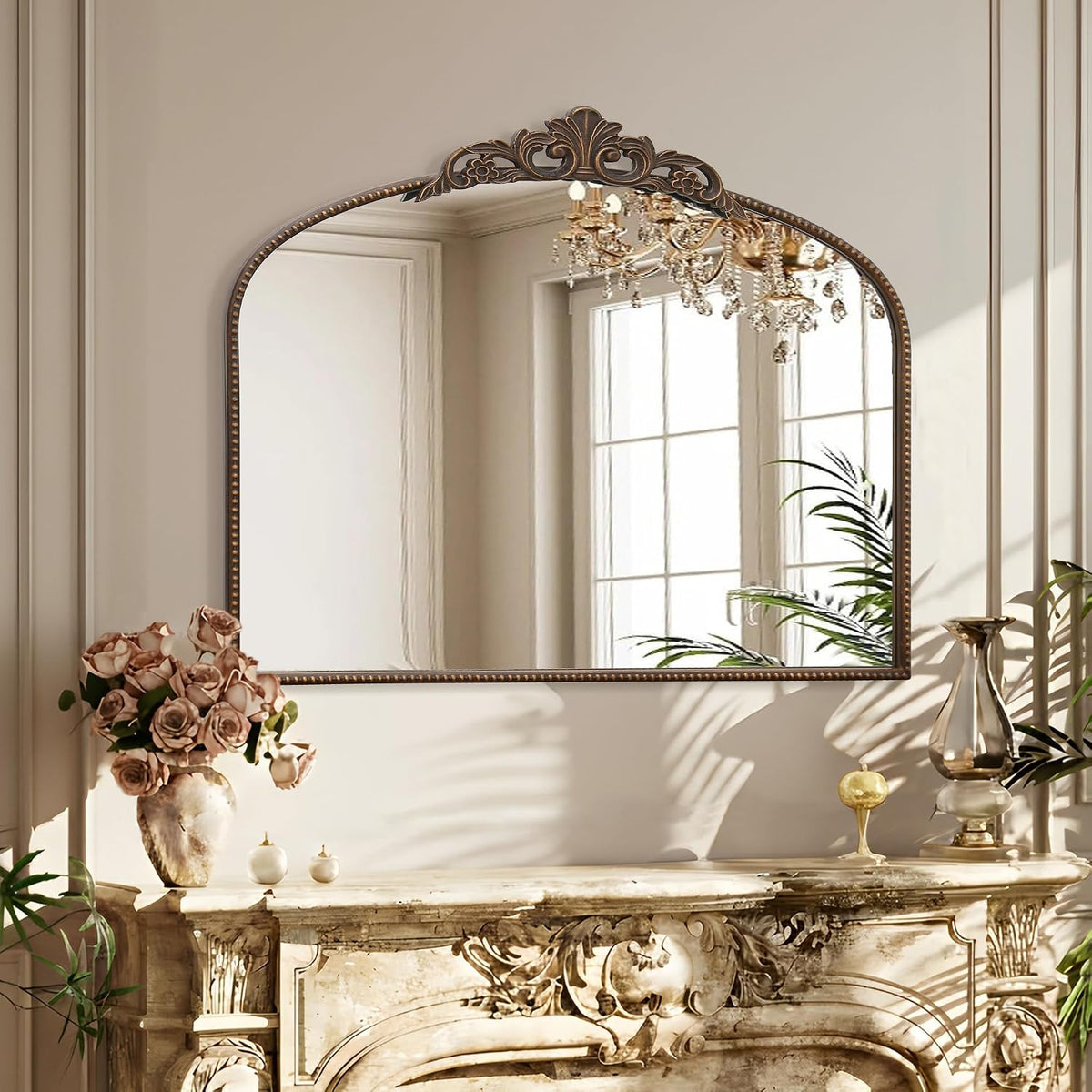 Micasso Vintage Bronze Wall Mirror: 40"x29" Baroque Antique Arched Mirror