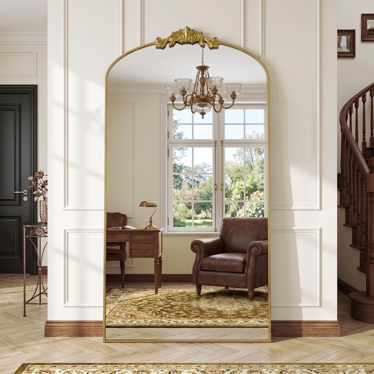 Antok Arched Full Length Mirror, 71"x28" Floor Mirror with Carved, Bronze