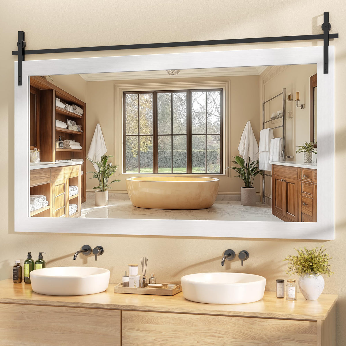 Hasipu Farmhouse Bathroom Mirror, 40"x26" Rustic Wood Framed Wall Mounted Mirror, Black Vintage Vanity Mirror Barn Door Style Decrative Mirrors