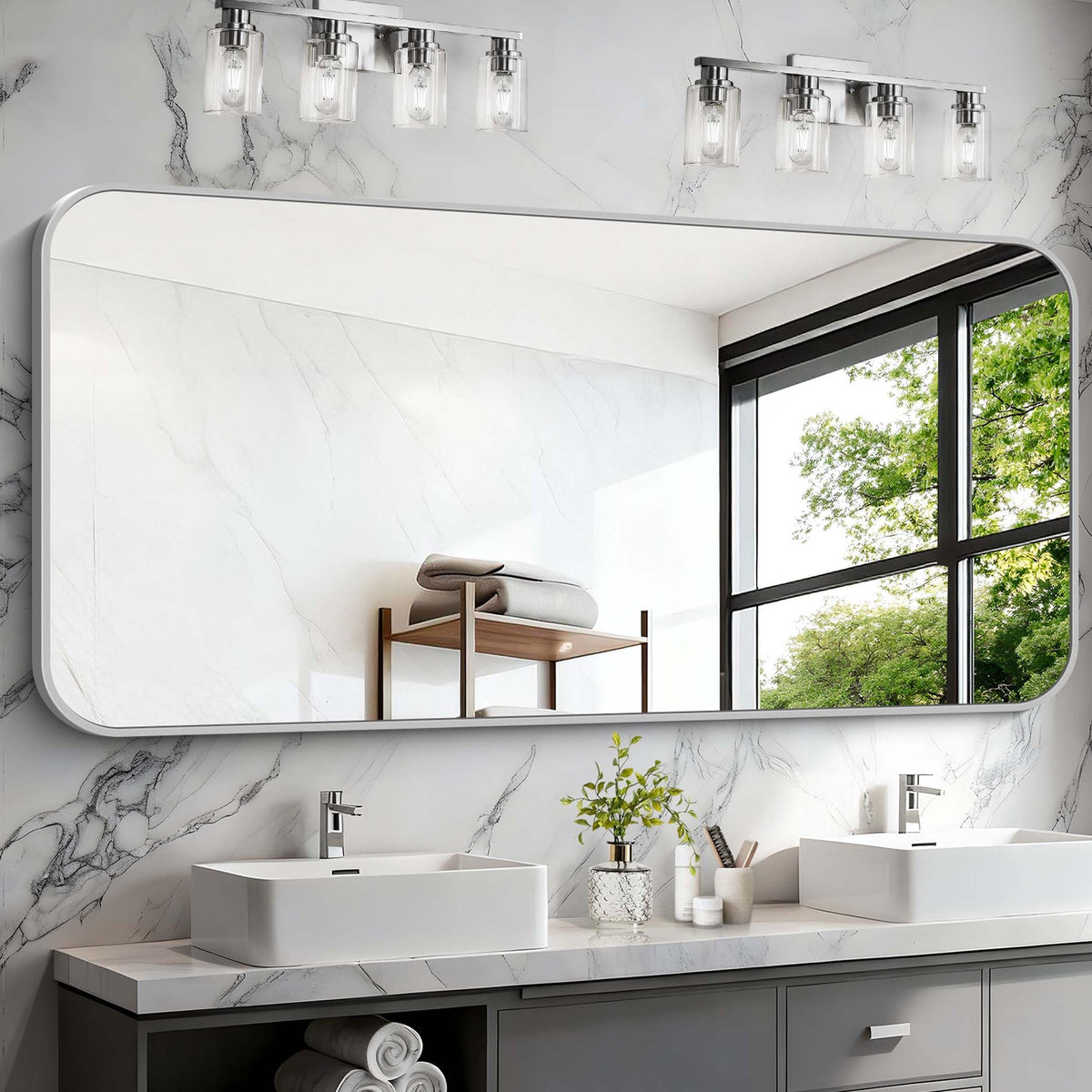 Black Bathroom Mirror, 28x42 inch Aluminum Metal Frame Rectangular Vanity Mirror, Wall Mounted Rectangle Mirrors with Rounded Corner for Bedroom Living Room Hangs Horizontal Or Vertical