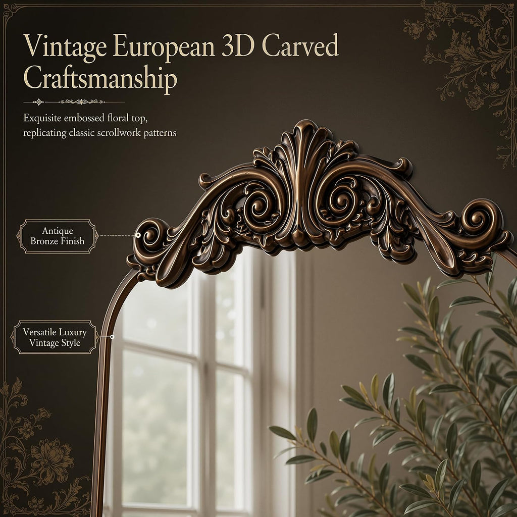 Antok Arched Full Length Mirror, 71"x28" Floor Mirror with Carved, Bronze