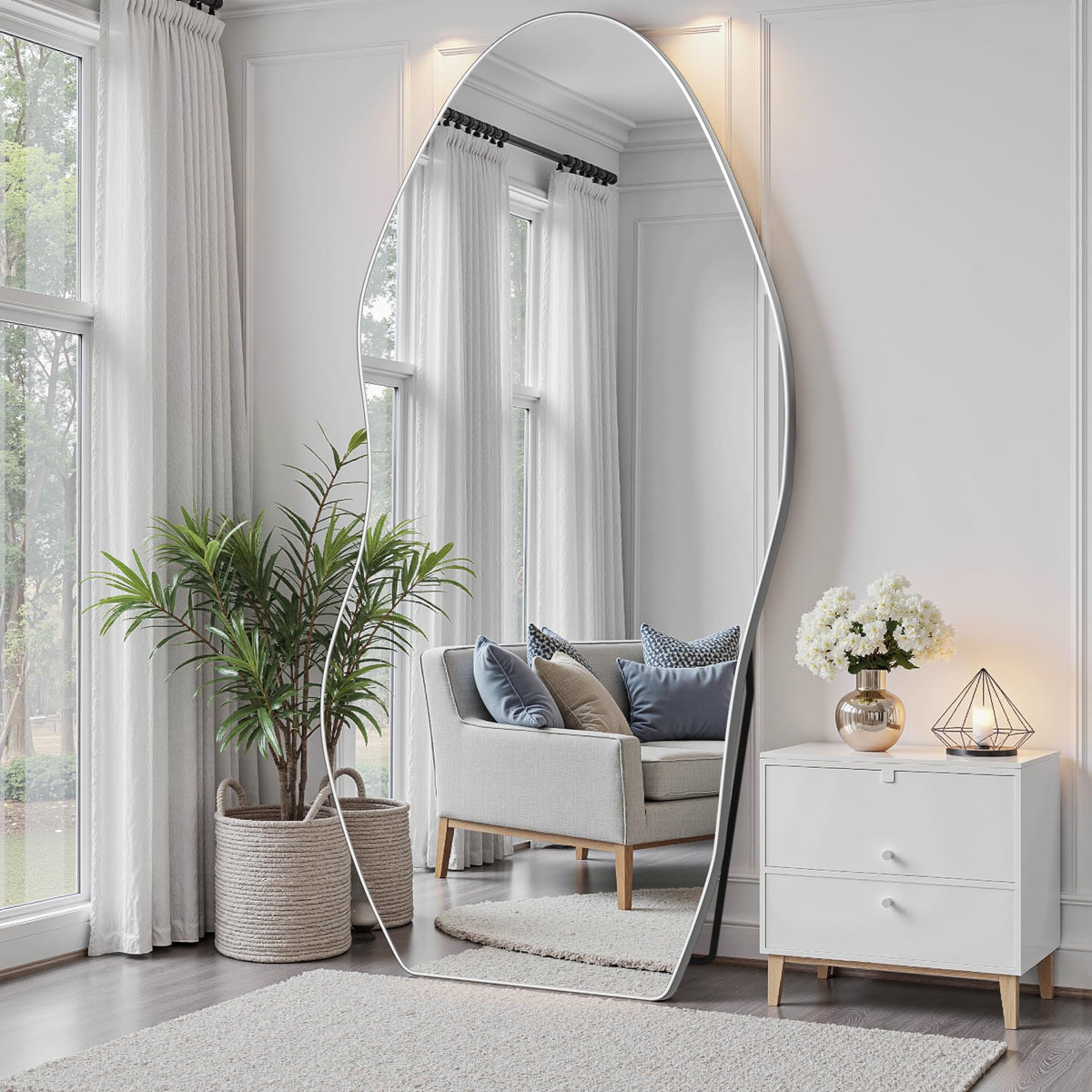 Antok Irregular Full Length Mirror, 76"x36" Asymmetrical Floor Mirror with Stand, Standing Hanging Leaning Irregular Mirrors for Bedroom Living Room Entryway, Wavy Shaped, Black