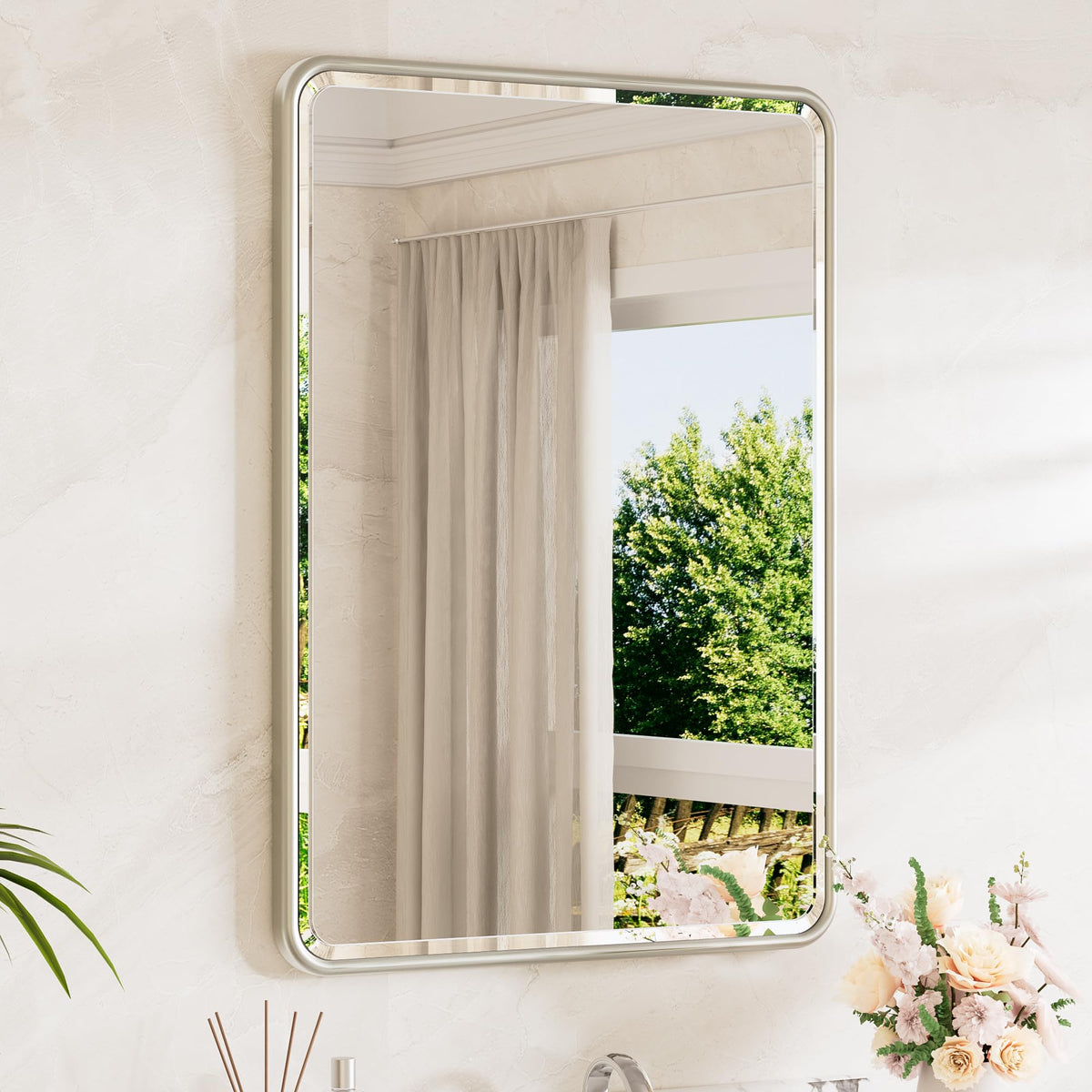 TETOTE Brushed Nickel Mirror 20 x 30 Beveled Edge Tempered Glass, Rounded Corner Rectangle Bathroom Mirror for Over Sink for Modern Bathroom, Living Room, Bedroom, Entryway