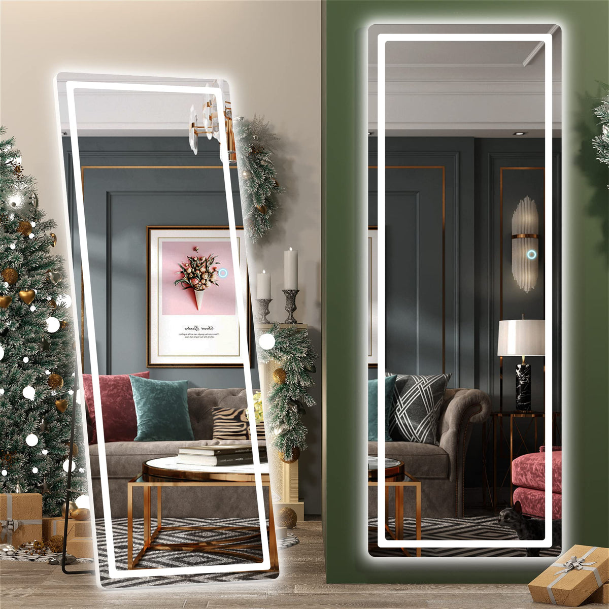 Hasipu Full Length Mirror with Lights, 67" x 20" LED Lighted Floor Standing, Full Body Dressing Hanging Mounted Mirror, Tempered Glass, Square White