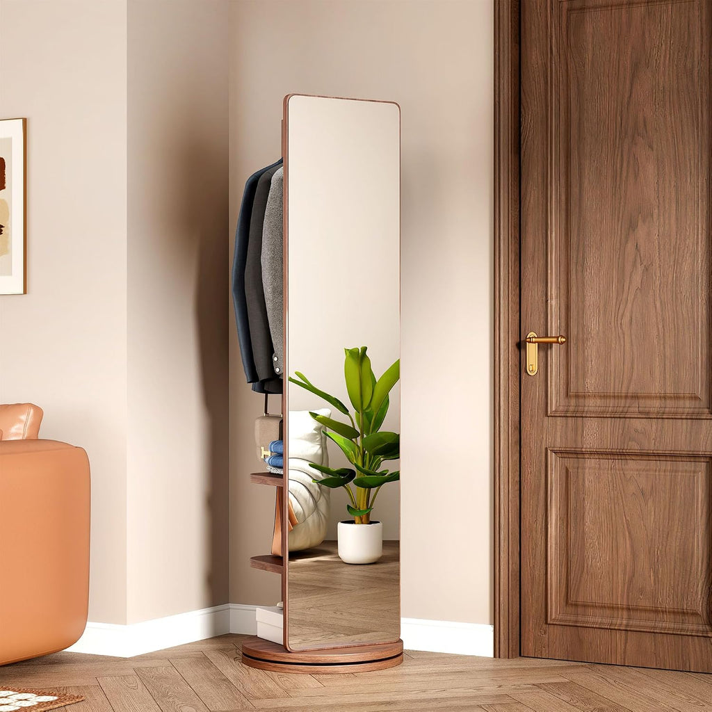 360° Rotating Full Length Mirror with Hook Storage Rack,Body Mirror Storage