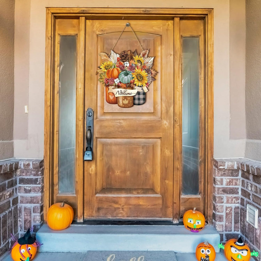 Boao Fall Door Decor Wooden Pumpkin Hanger Welcome Sign for Front Door