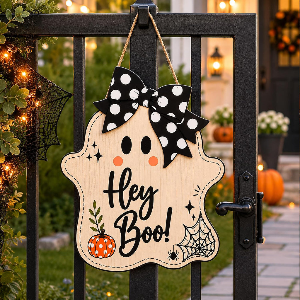 Halloween Party Decorations - Hey Boo Wooden Ghost Sign for Front Door