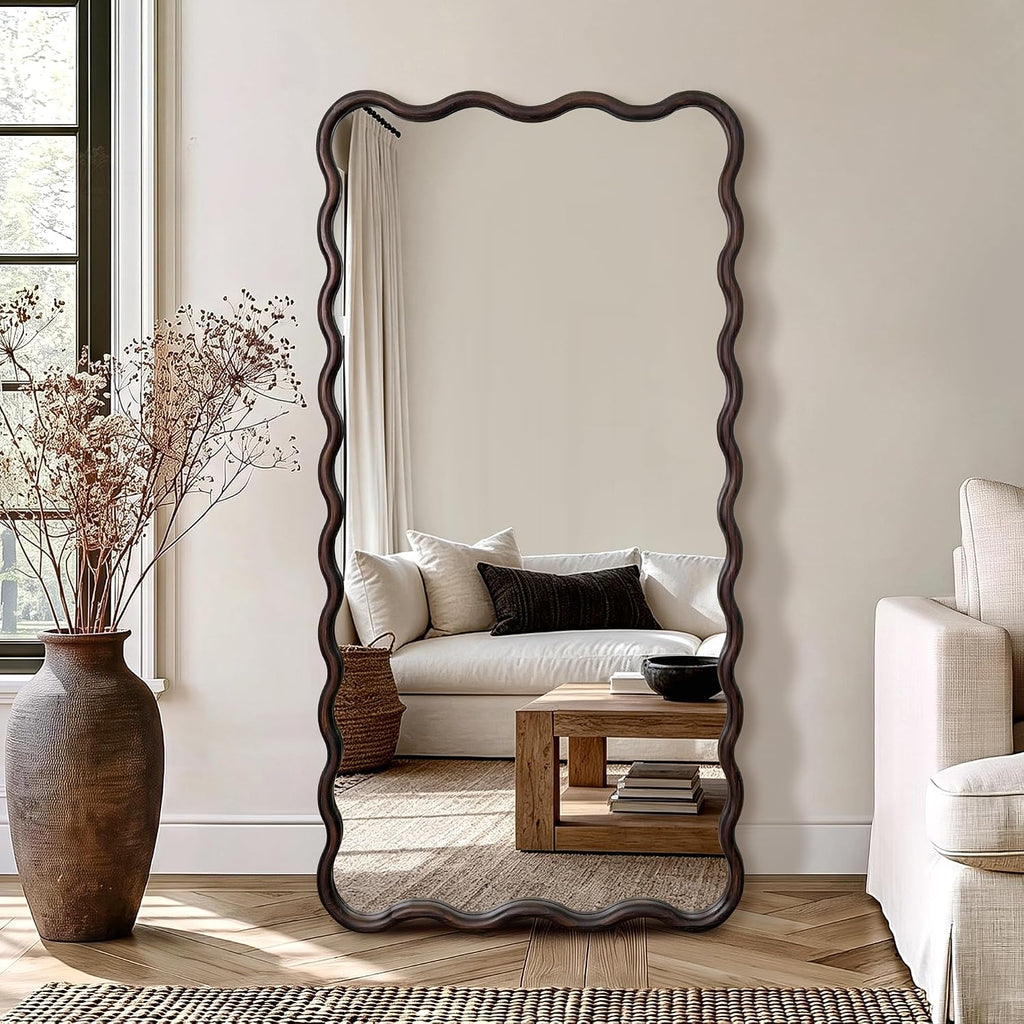 AMOISE Full Length Mirror, 56"x28" Boho Wavy Floor Mirror, Dark Brown