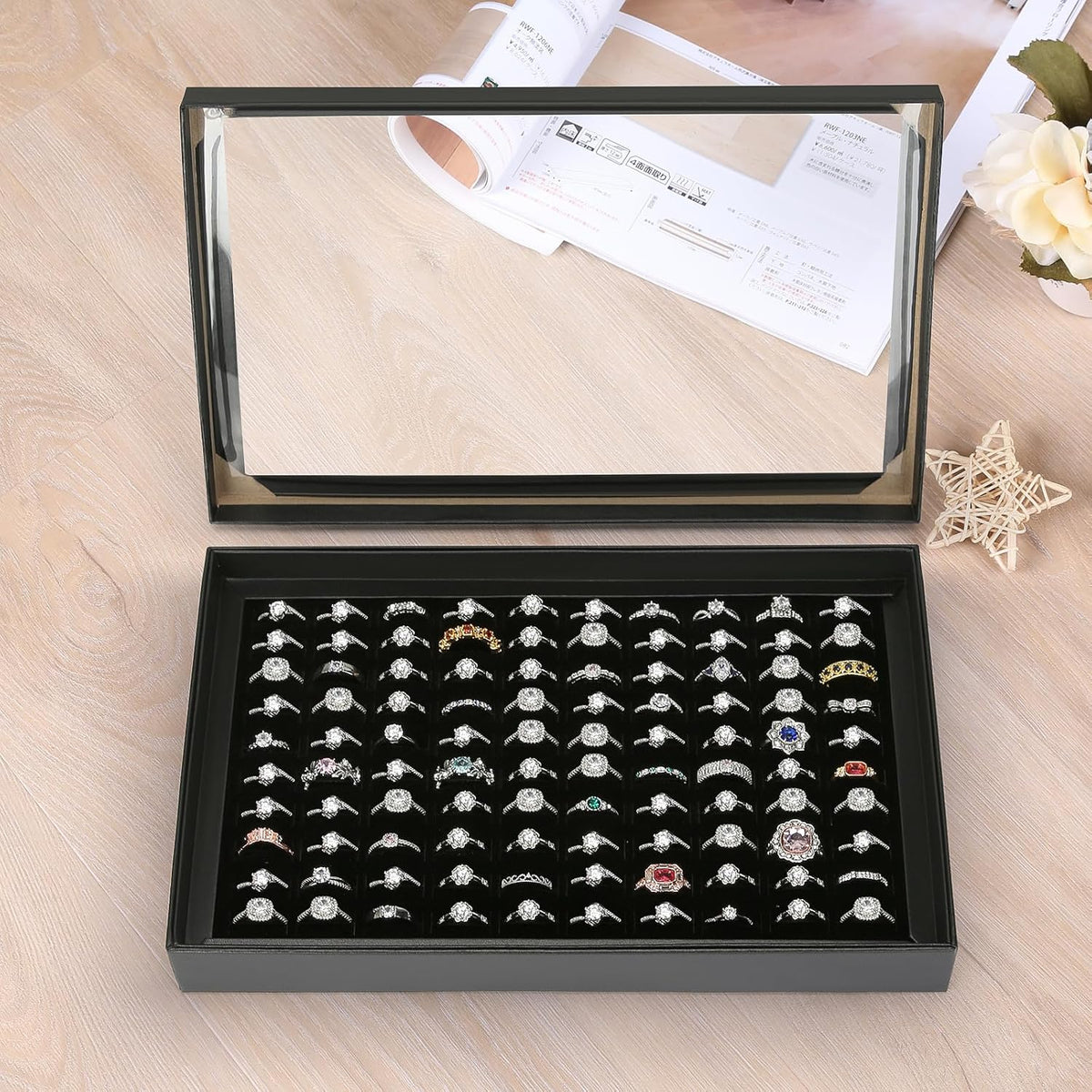 KUKUVR 100 Slots Ring Earring Holder Display Case (Black)