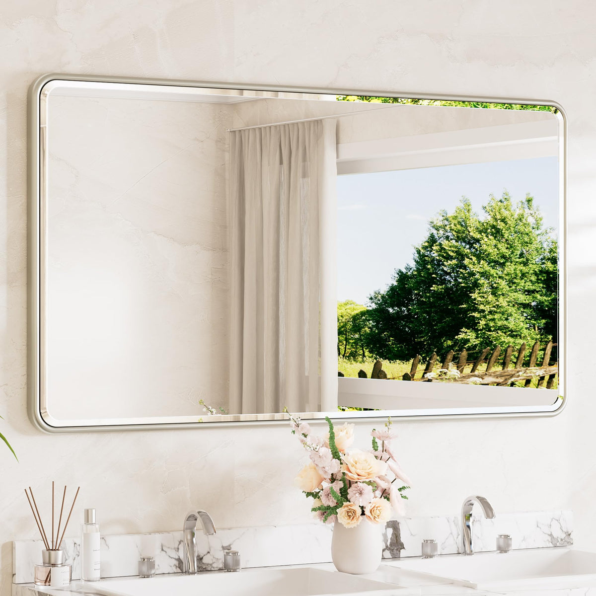 TETOTE Brushed Nickel Mirror 20 x 30 Beveled Edge Tempered Glass, Rounded Corner Rectangle Bathroom Mirror for Over Sink for Modern Bathroom, Living Room, Bedroom, Entryway