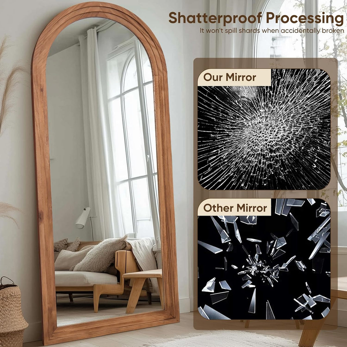 Full Length Mirror 71"x32", Arched Solid Wood Frame with Stand