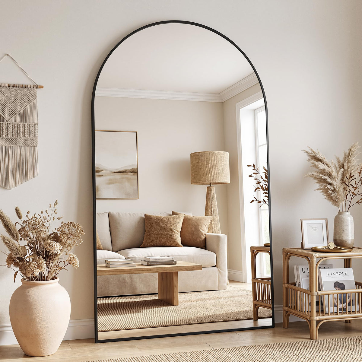Antok 58" x 20" Arched Full Length Floor Mirror, Aluminum Frame, Black