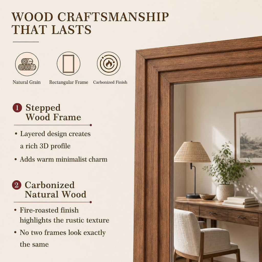 71"x32" Full Length Mirror, Large Wood Floor Mirror, Brown