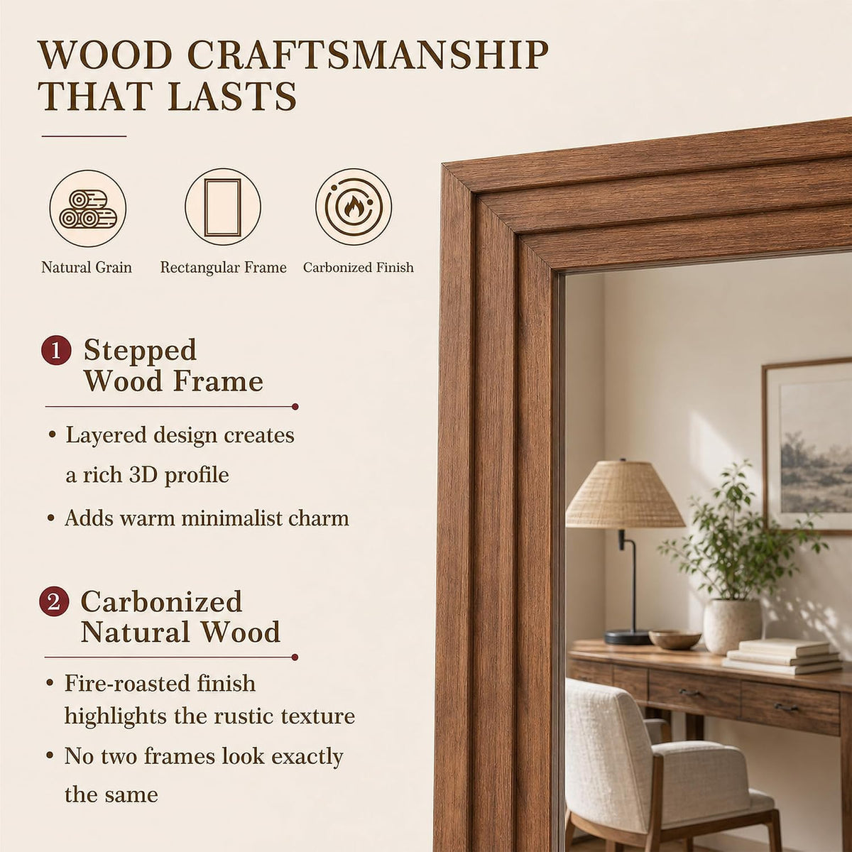 71"x32" Full Length Mirror, Large Wood Floor Mirror, Brown