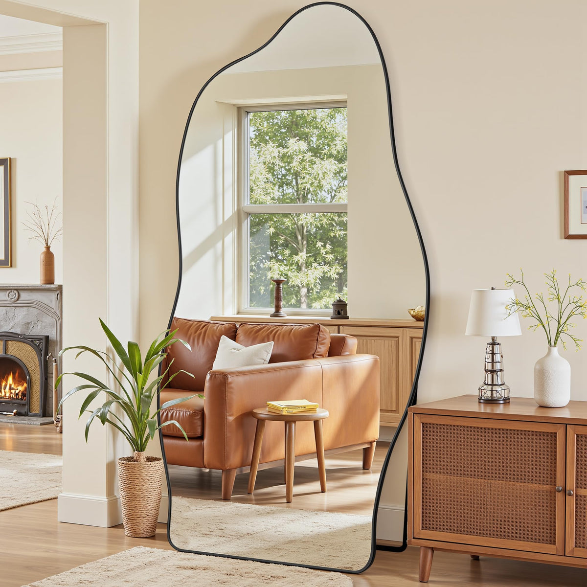 Antok Irregular Full Length Mirror, 76"x36" Asymmetrical Floor Mirror with Stand, Standing Hanging Leaning Irregular Mirrors for Bedroom Living Room Entryway, Wavy Shaped, Black