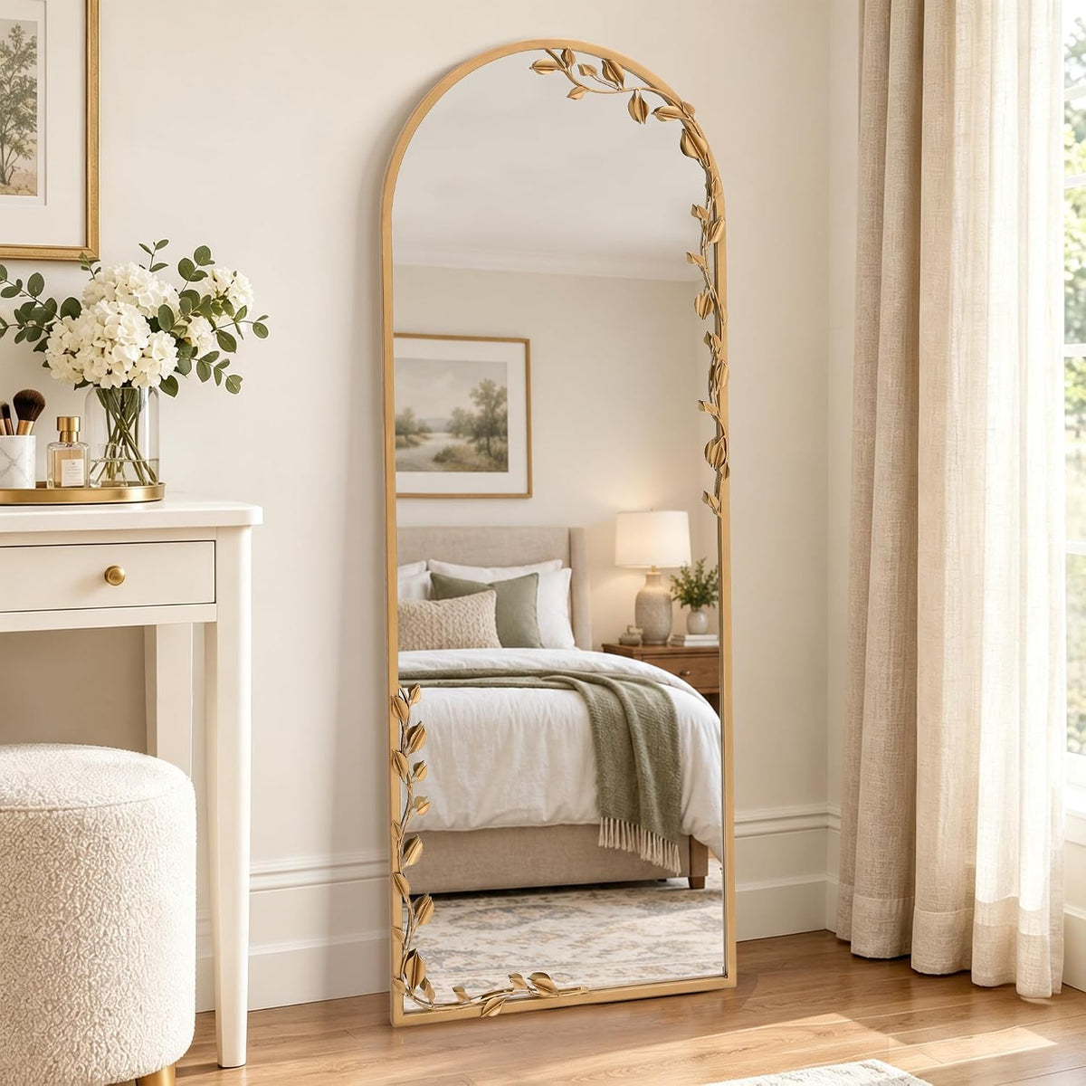 Besdomus Arched Full Length Mirror: 21"x56" Ornate Brass Gold Floor Mirror